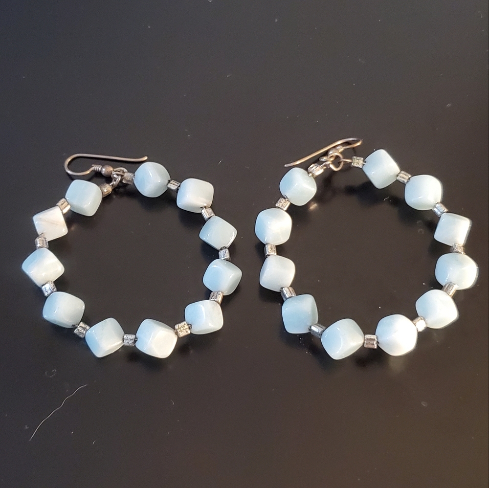 Light blue + silver beaded circle hoop earrings, handmade